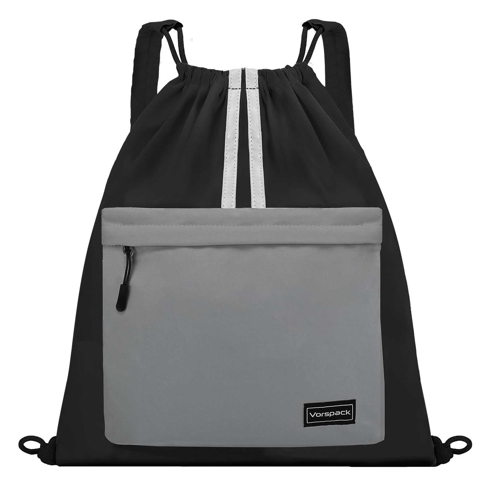 Vorspack Drawstring Backpack - Drawstring Bag with Front Pocket Lightweight String Backpack with Reflective Strips Cinch Bag Sackpack for Gym Sport Trip Hiking - Black