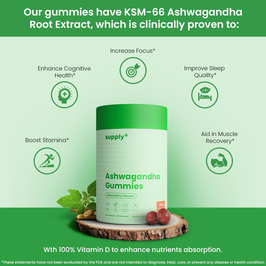 SUPPLY6 KSM-66 Ashwagandha & Vitamin D Gummy - 60 Count - Mixed Berry, KSM-66, Vegan, Plant Based, Non-GMO, Gluten-Free & Gelatin Free, for a Happier You, Pack of 1
