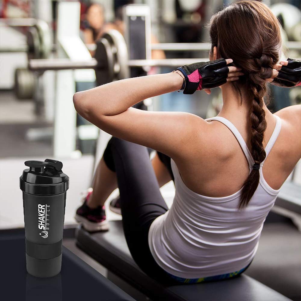 VIGIND Protein Shaker Bottle,16 oz Shake Cup for Protein Powder with Storage,Sports Water Bottle,Non Slip 3 Layer Twist Off 3oz Cups with Pill Tray Leak Proof Shake Bottles for Protein Mixes