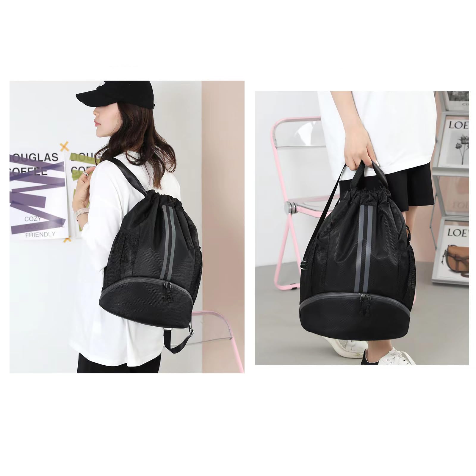 LOKAPEGY Black Drawstring Gym Bag for Men, Waterproof Drawstring Backpack for Women, Swim Bag with Shoes Compartment, Pull String Sport Bag for Soccer and Basketball.