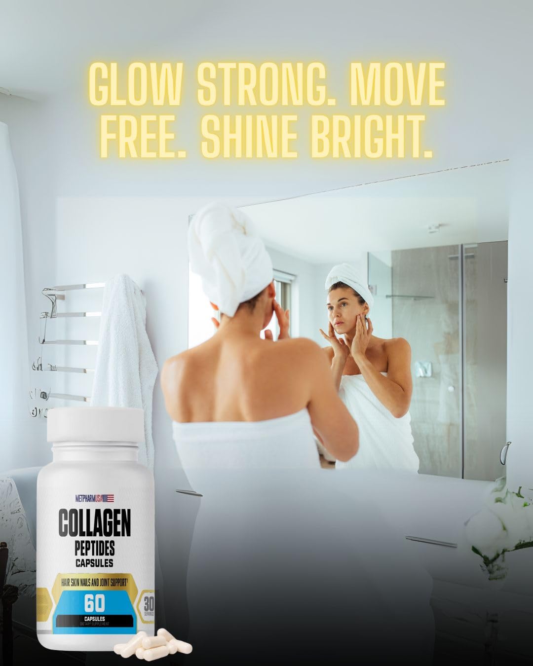 MetpharmUSA Collagen Peptides Capsu;ES, 1000 mg, Hair Skin Nails and Joint Support, 30 Servings