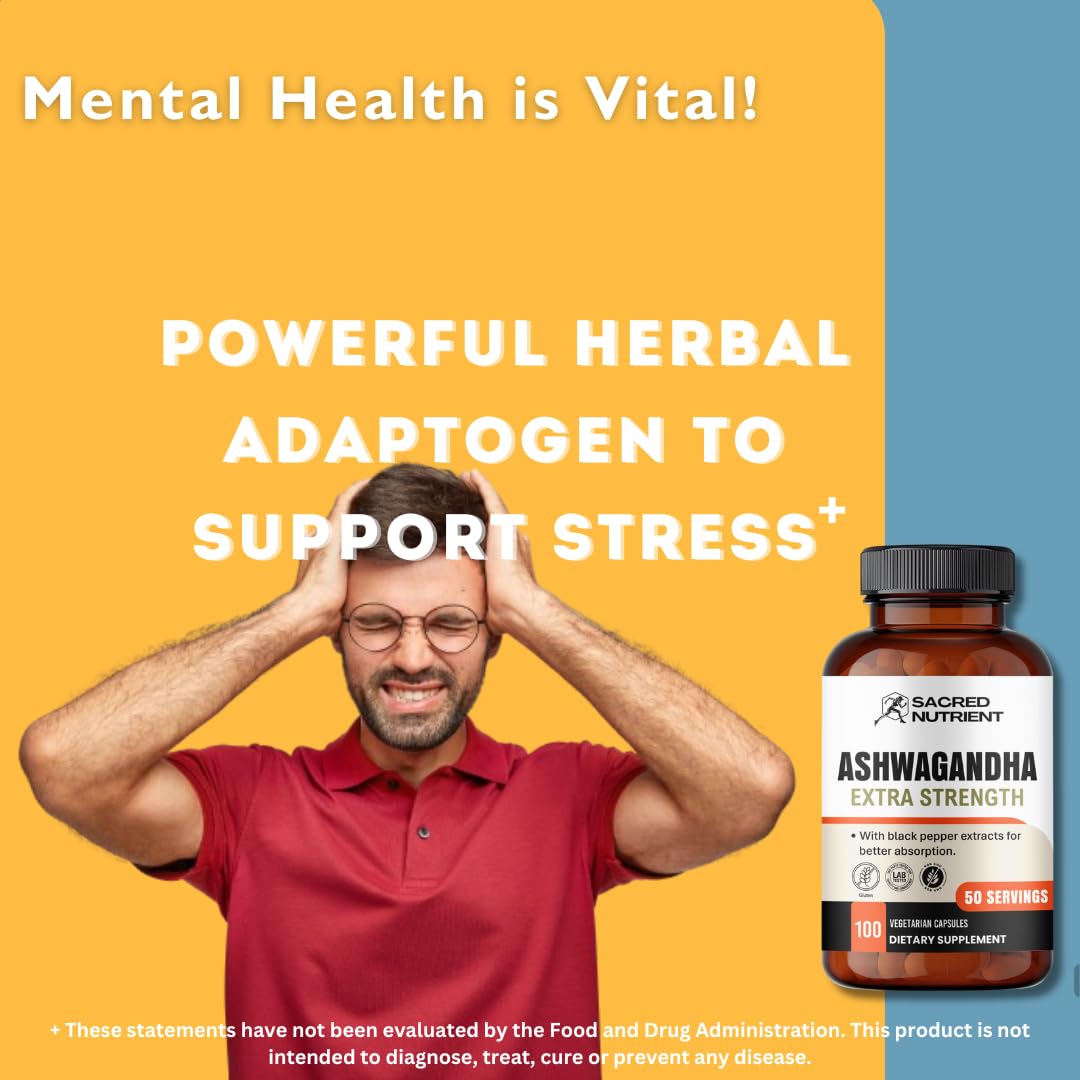 Sacred Nutrient Ashwagandha Organic Extra Strength Supplement with Black Pepper for Stress & Mood Support, Energy 300mg Extract (Equivalent 3000mg Herb), 100 Capsules