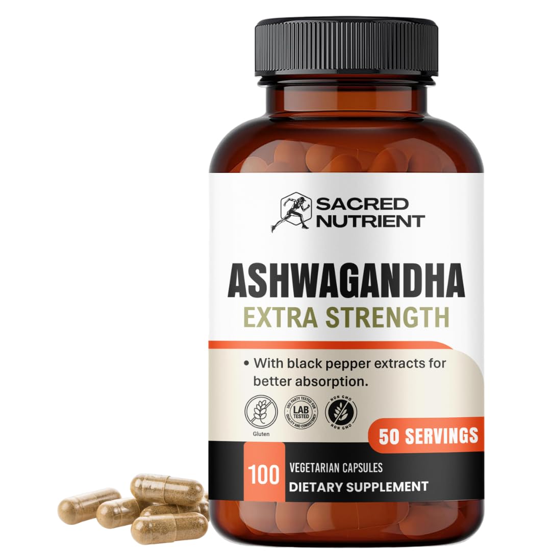 Sacred Nutrient Ashwagandha Organic Extra Strength Supplement with Black Pepper for Stress & Mood Support, Energy 300mg Extract (Equivalent 3000mg Herb), 100 Capsules