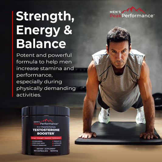 MEN'S PeakPerformance - Testosterone Booster Supplement for Men - Boost Stamina, Muscle Growth, Energy, Strength, Endurance & Drive - Ashwagandha, Tribulus, L-Arginine, Tongkat Ali- 90 Capsules