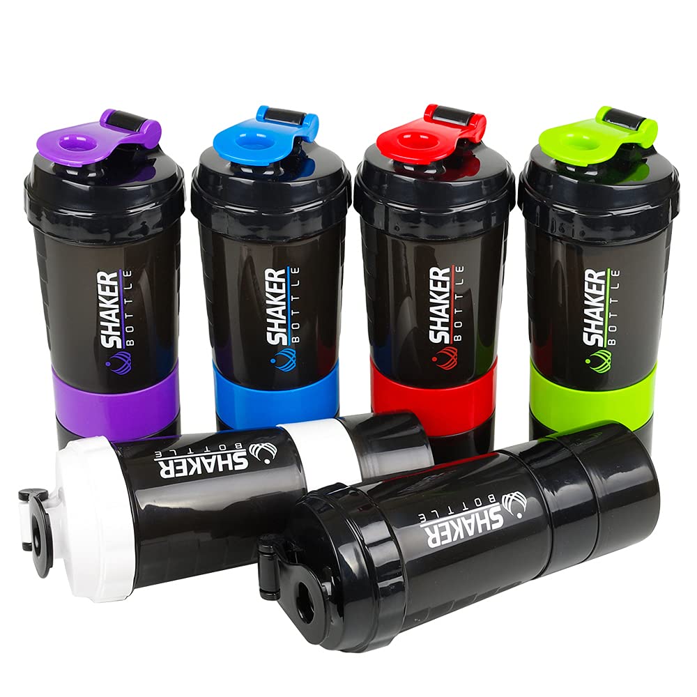 XSUPER Protein Shaker Bottle, Leak Proof Shaker Bottle for Protein Mixes,16oz 3 Layer Twist Off Shaker Cup with Pill & Supplement Storage, Gym Sports Shaker Water Bottle for Protein Powder, Black