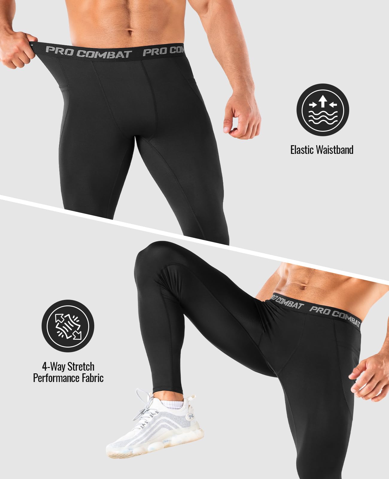 Niksa 1/3 Pack Men's Compression Pants with Pocket, Performance Athletic Sports Leggings & Gym Tights for Running Yoga Basketball Workout Sports Black