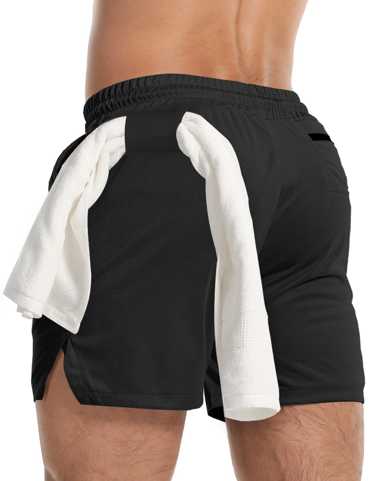 Aolesy Men's Gym Workout Shorts 5 Inch Lightweight Bodybuilding Athletic Shorts Running Training with Zipper Pockets & Towel Loop Black