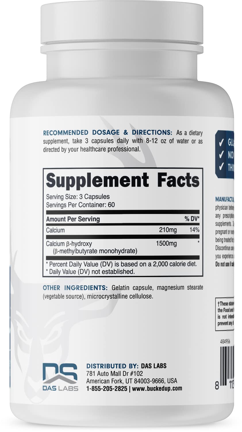 Bucked Up HMB (Beta-Hydroxy Beta-Methylbutyrate) 1500mg Per Serving, Essentials (60 Servings, 180 Capsules)