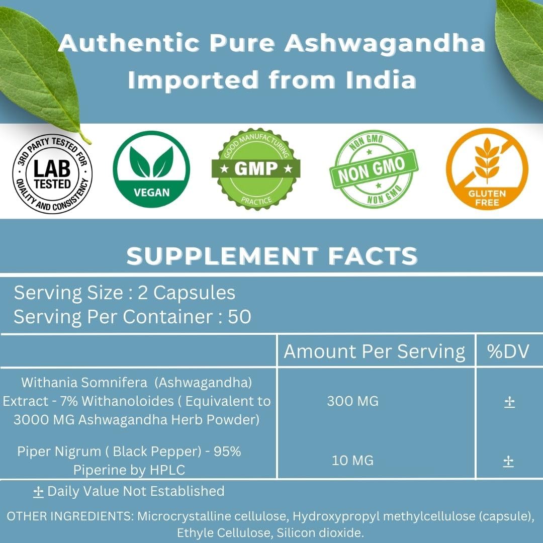 Sacred Nutrient Ashwagandha Organic Extra Strength Supplement with Black Pepper for Stress & Mood Support, Energy 300mg Extract (Equivalent 3000mg Herb), 100 Capsules