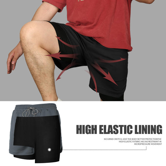 candyfouse Men's 2 in 1 Running Shorts, Quick Dry Workout Shorts with Liner, Athletic Shorts with Zip Pockets and Towel Loop Black