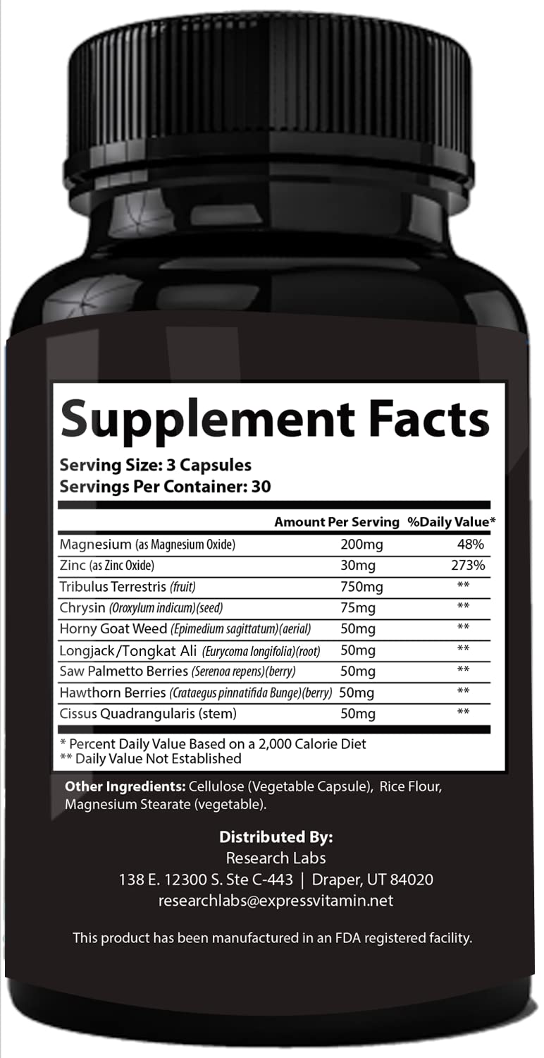 Pharmacist Recommended 2 fer 1 Offer 180ct Testosterone Booster Enhancement by Research Labs. Increase Lean Muscle Energy Strength. Saw Palmetto, Tribulus, Tongkat Ali, Horny Goat Weed, Zinc