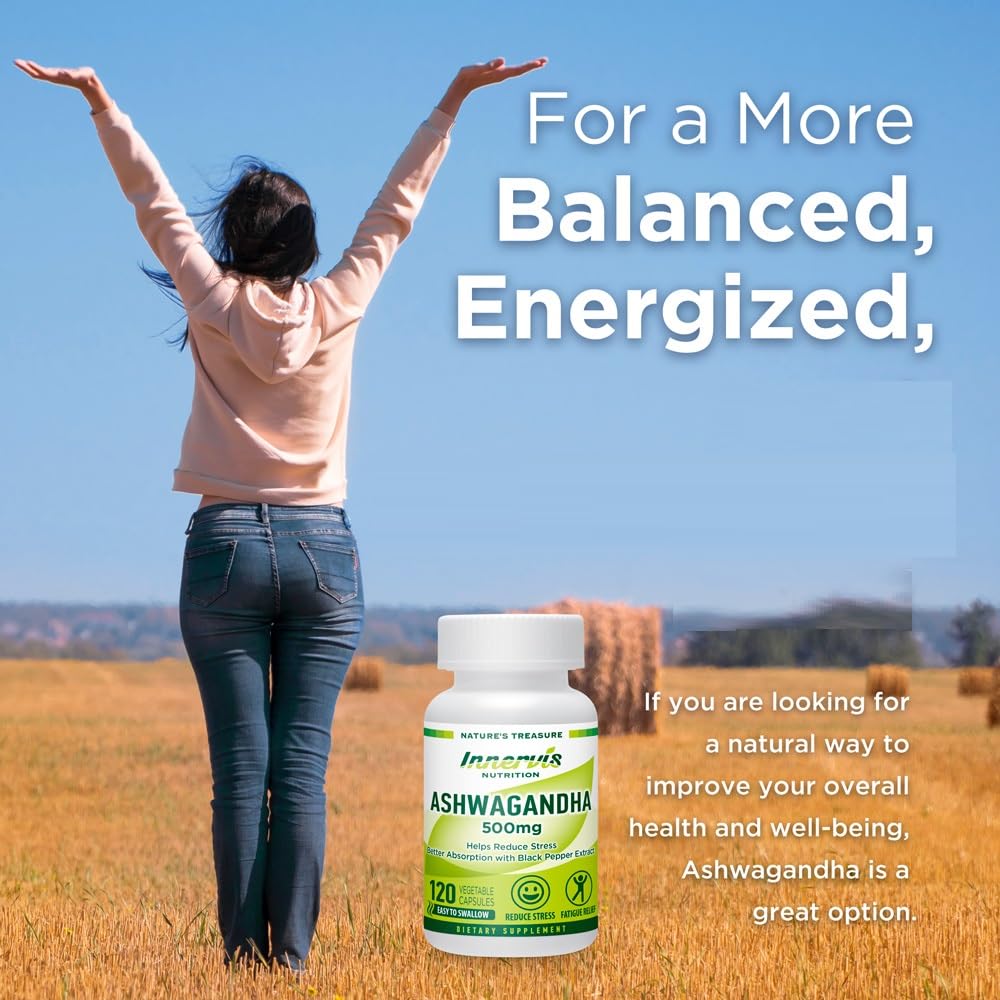 INNERVISNUTRITION Ashwagandha 500mg - 120 Vegetable Capsules Helps Stress Relief Support Brain Function Better Absorption with Black Pepper Extract