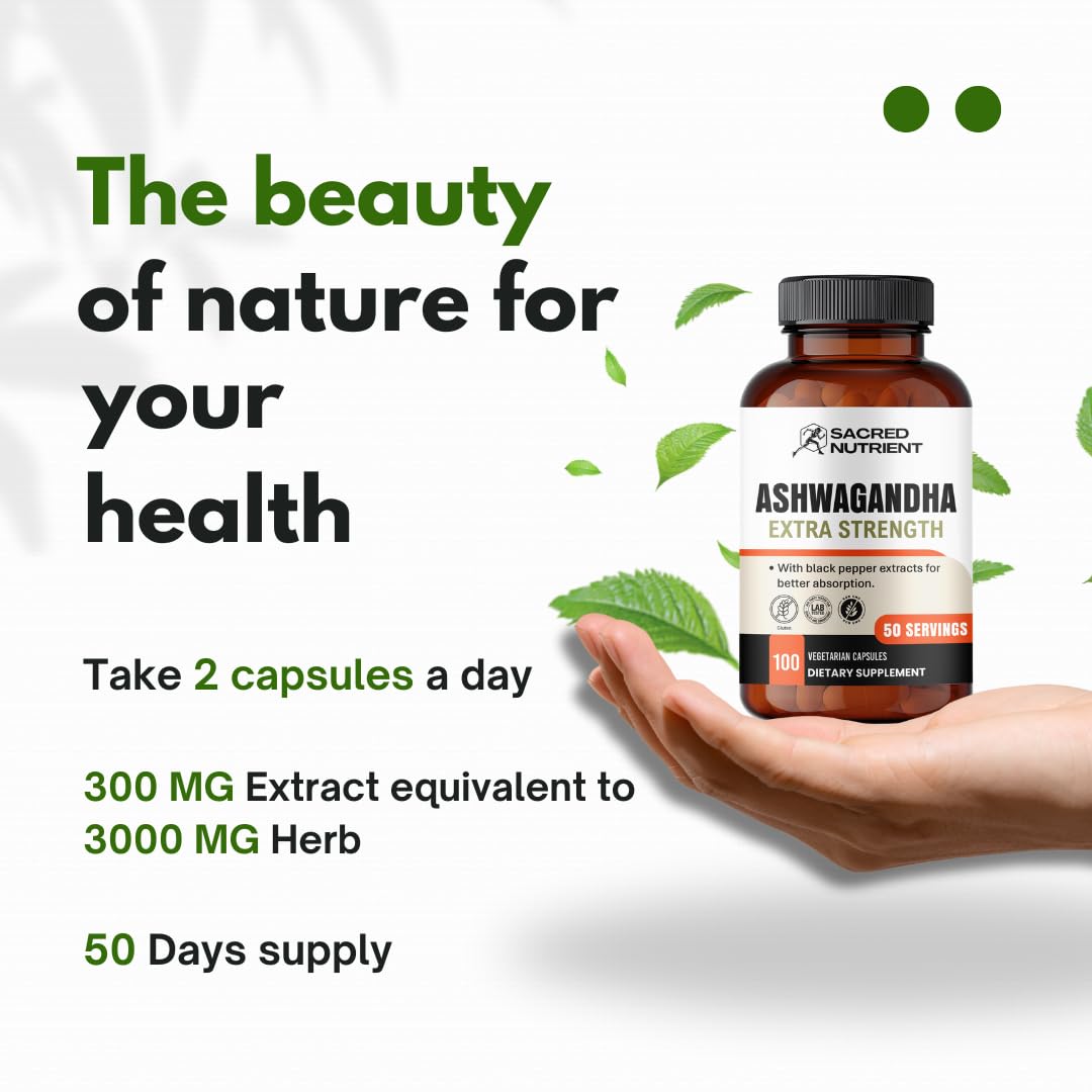 Sacred Nutrient Ashwagandha Organic Extra Strength Supplement with Black Pepper for Stress & Mood Support, Energy 300mg Extract (Equivalent 3000mg Herb), 100 Capsules