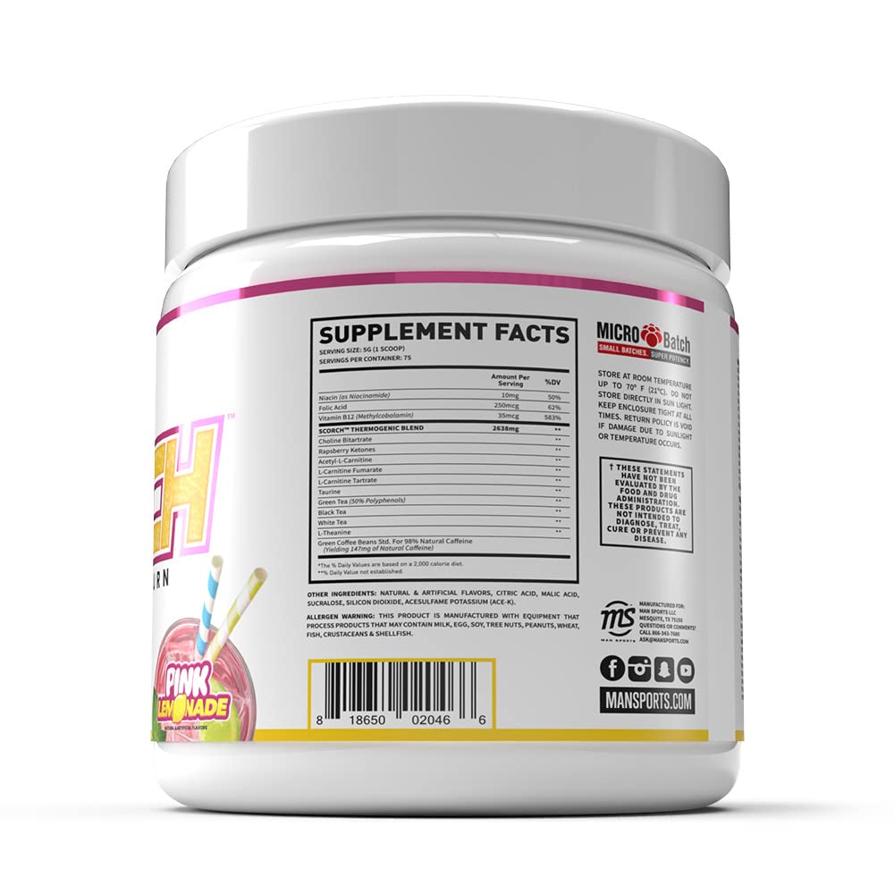 MAN Sports Scorch - Fat Burning Powder for Men and Women - Hunger Suppressant - Weight Loss Supplement - 375 Grams, 75 Servings - Pink Lemonade
