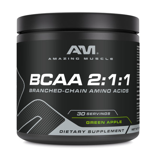 Amazing Muscle BCAA 2:1:1 | 30 Servings | Natural Green Apple Flavor | 315 Grams Powder | Branched Chain Amino Acids Supplement | Made in USA