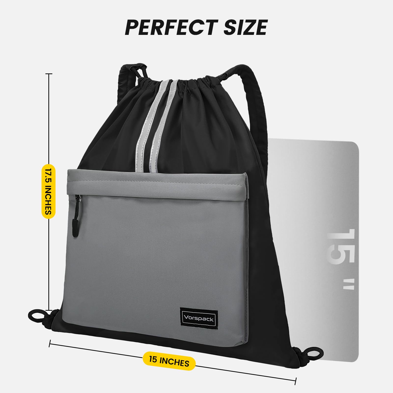Vorspack Drawstring Backpack - Drawstring Bag with Front Pocket Lightweight String Backpack with Reflective Strips Cinch Bag Sackpack for Gym Sport Trip Hiking - Black