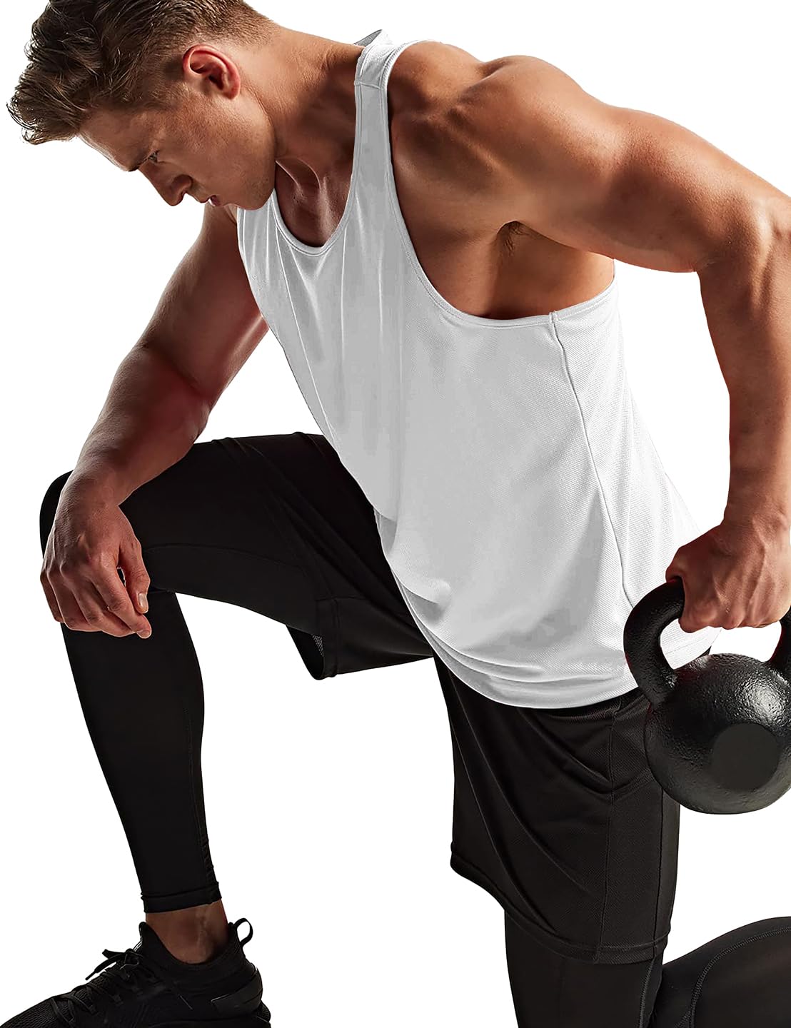 Boyzn Men's Dry Fit Y-Back Muscle Workout Tank Tops Gym Muscle Tee Athletic Training Gym Tank Top Fitness Bodybuilding Sleeveless T Shirts White-XL