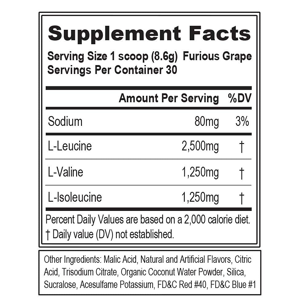 Evlution EVL BCAAs Amino Acids Powder - BCAA Powder Post Workout Recovery Drink and Stim Free Pre Workout Energy Drink Powder - 5g Branched Chain Amino Acids Supplement for Men - Furious Grape