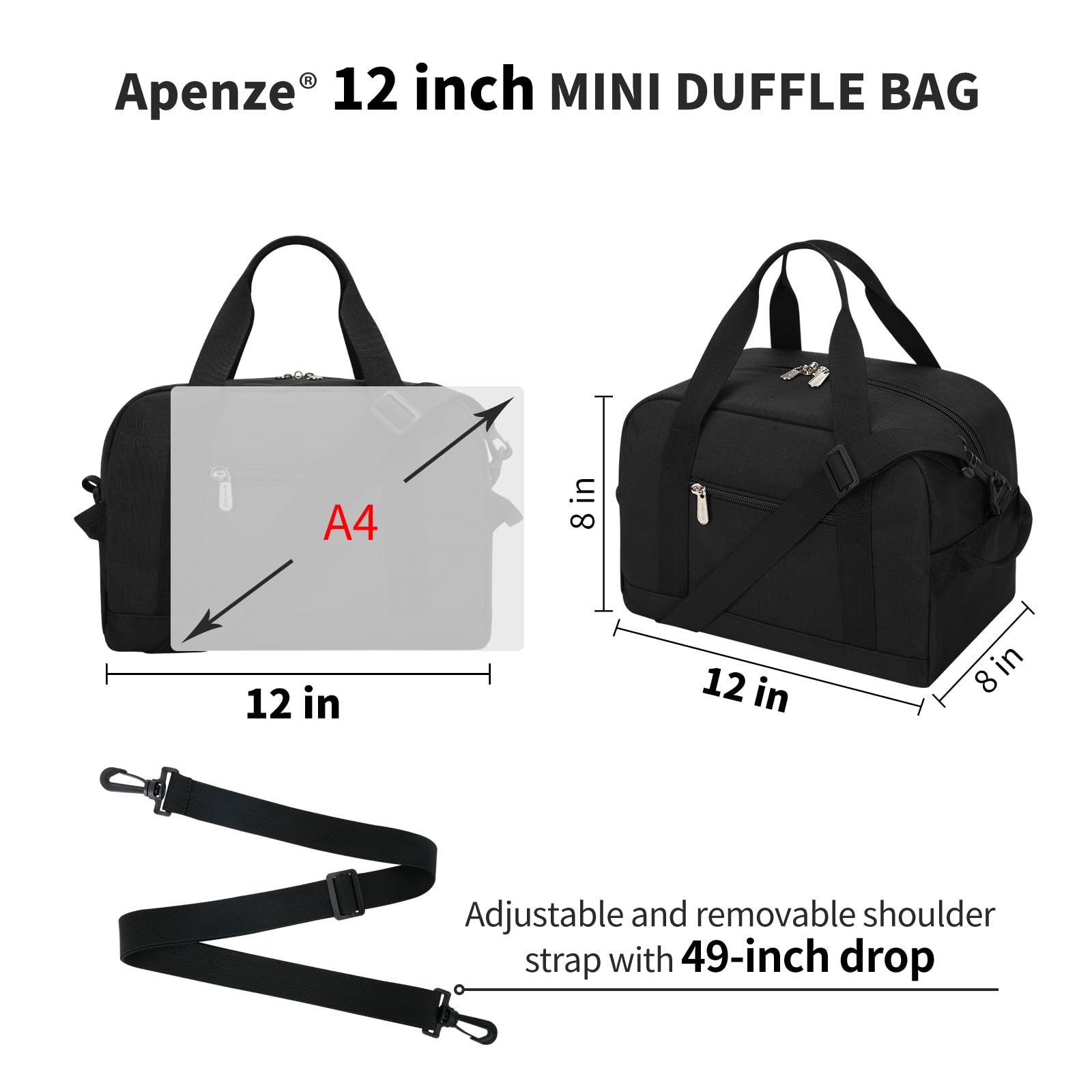 Apenze Small Gym Bag Carry On Bag - 12 in Mini Duffle Bag Lightweight for Overnight Travel（Black）