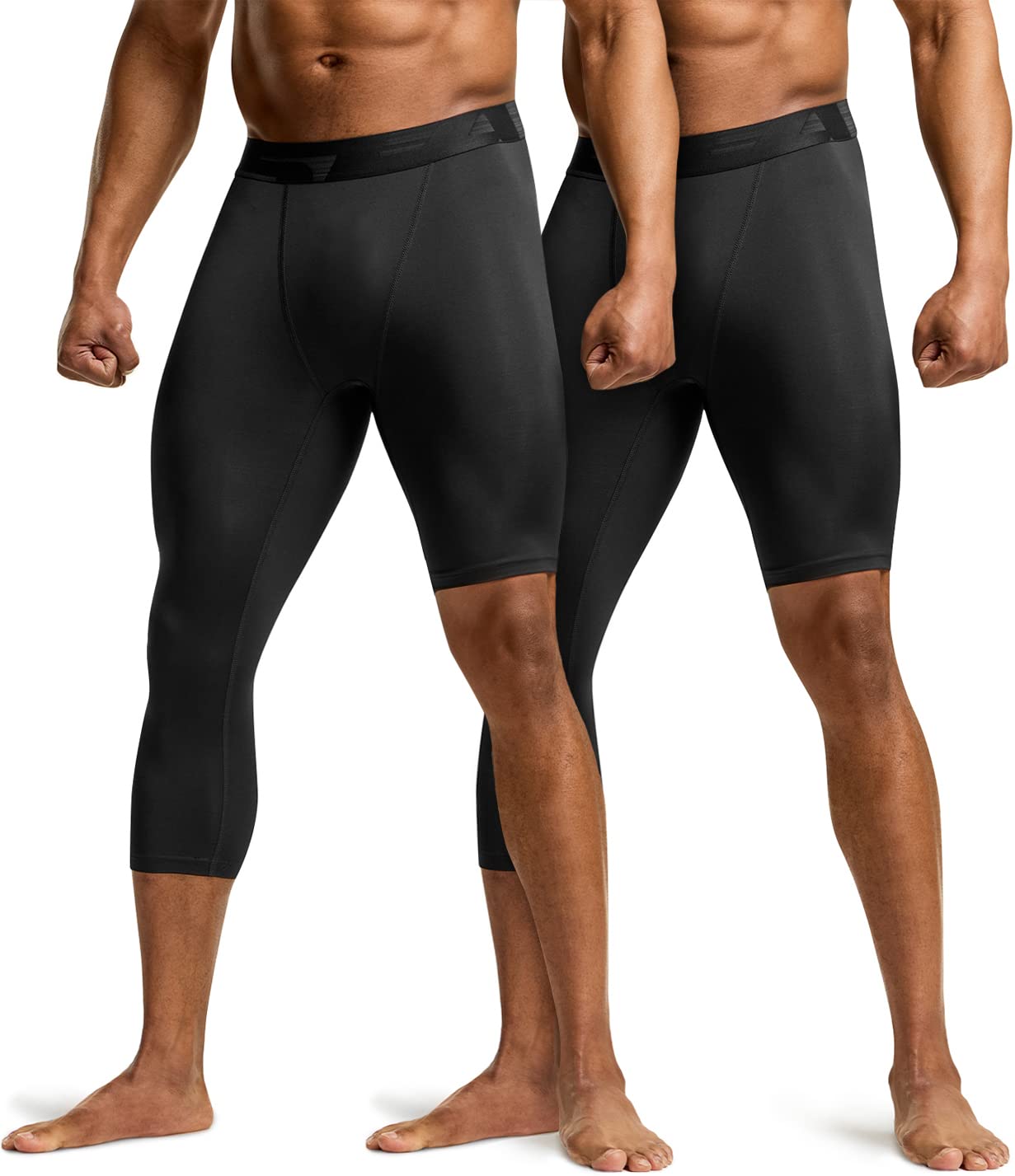 TSLA Men's Cool Dry Compression Pants, Athletic Workout Running Tights Leggings Baselayer, 3/4 Right Black/Black, Small