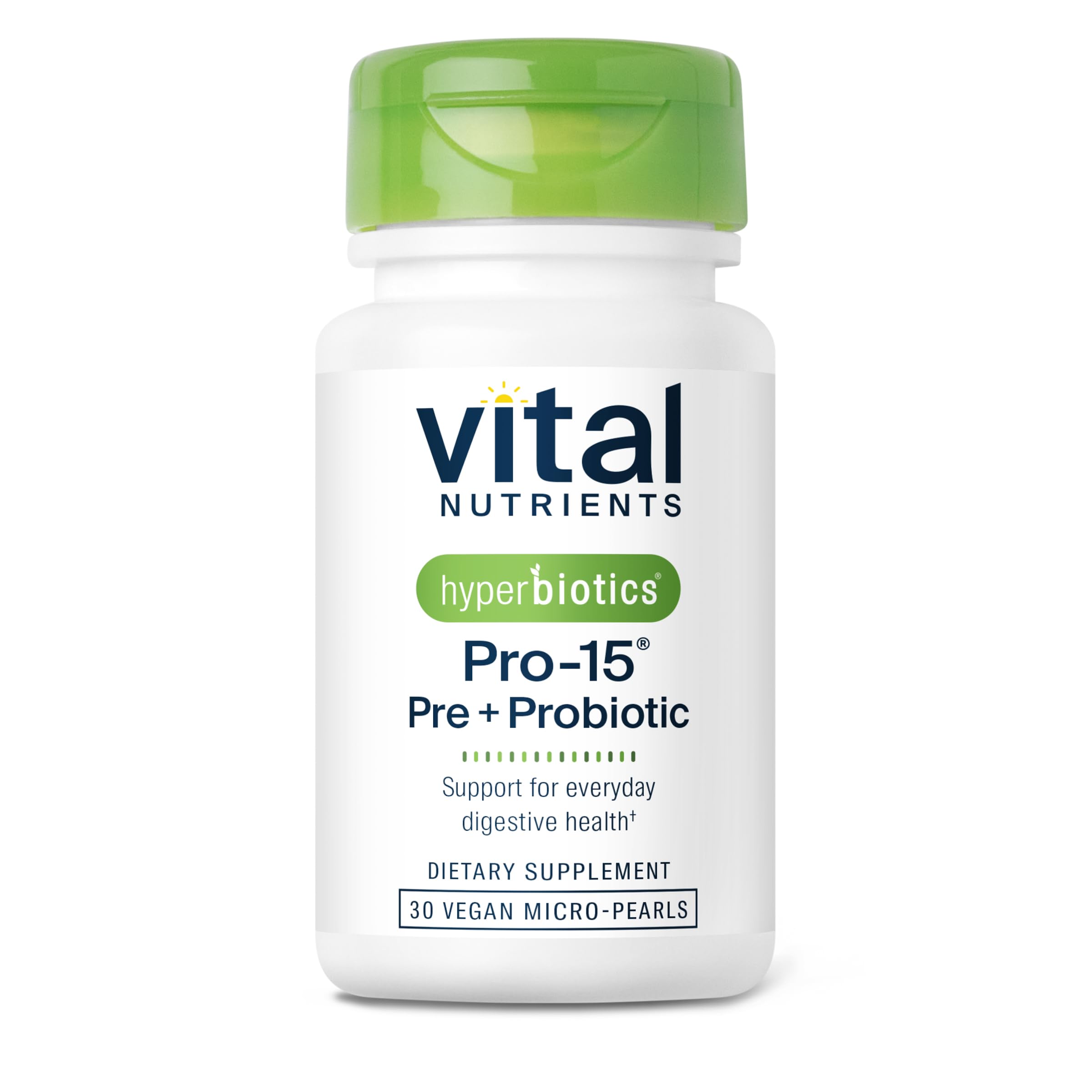 Hyperbiotics Vital Nutrients Pro-15 Pre + Probiotic | 15 Strains| Supports Occasional Constipation, Diarrhea, Gas & Bloating | Immune, Digestive & Gut Health | Shelf-Stable | Vegan | 30 Pearl Tablets