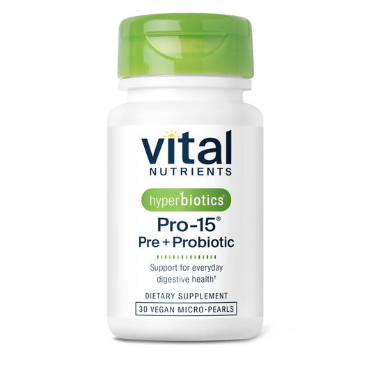 Hyperbiotics Vital Nutrients Pro-15 Pre + Probiotic | 15 Strains| Supports Occasional Constipation, Diarrhea, Gas & Bloating | Immune, Digestive & Gut Health | Shelf-Stable | Vegan | 30 Pearl Tablets