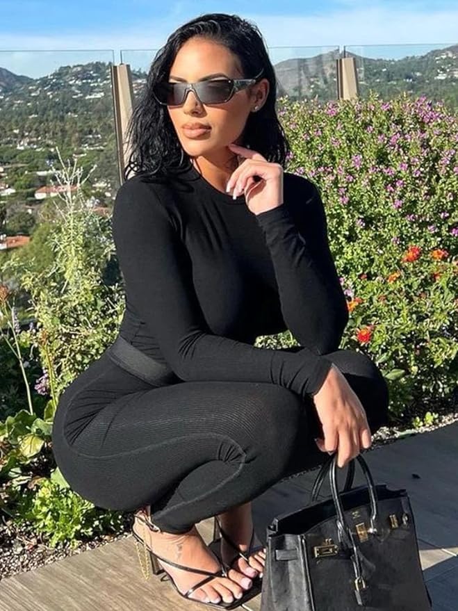 YETOWA Lounge Wear Ribbed Casual 2 Piece Tracksuit Set Women Solid Skinny Long Sleeve O-Neck Top+Elastic Leggings