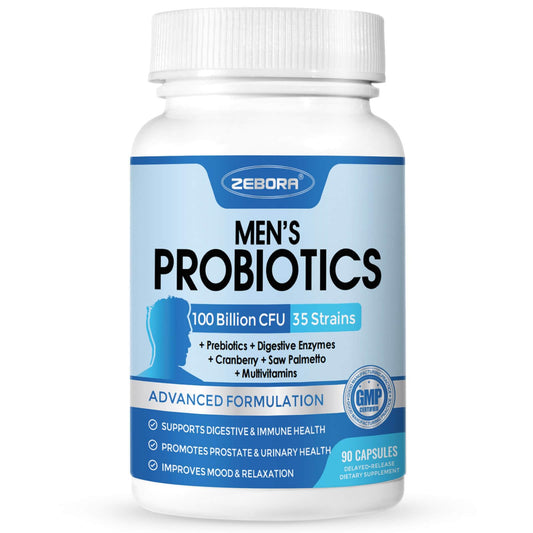 ZEBORA Probiotics for Men 100 Billion CFU - Probiotics for Digestive Health, Men's Probiotics Supplement, Prebiotics & Enzymes, for Prostate Health with Saw Palmetto | 90 Veg Capsules