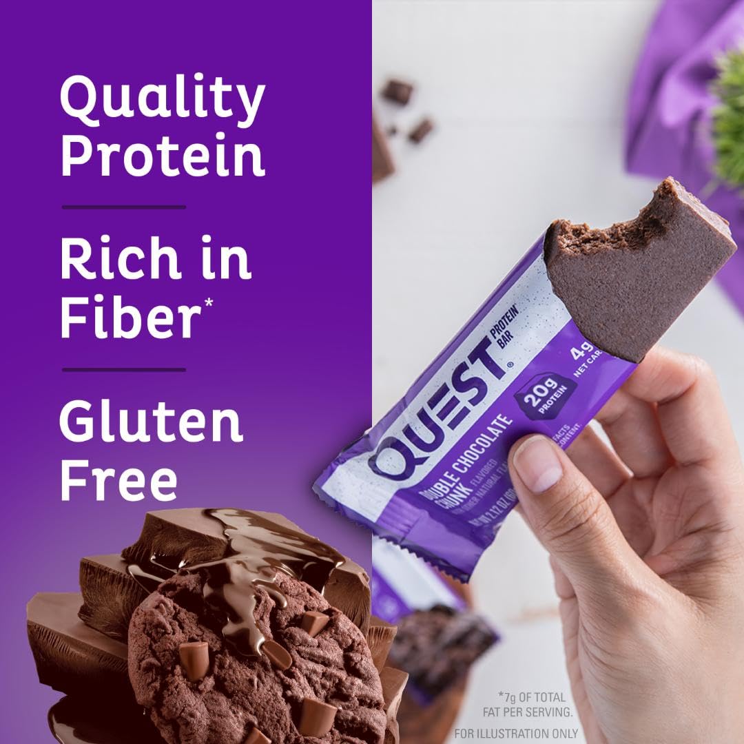 Quest Nutrition Double Chocolate Chunk Protein Bars, 20g Protein Bars, 1g Sugar, 4g Net Carb, Gluten Free, Keto Friendly, 12 Count