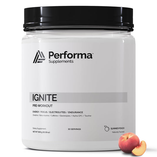 Performa Supplements Ignite Pre-Workout with Beta-Alanine, Caffiene, Citrulline and Alpha GPC Including Natural Flavoring and Zero Food Coloring- 30 Servings Summer Peach