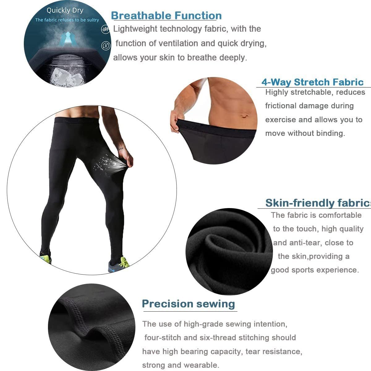 Smatstyle Men’s Compression Pants Athletic Compression Leggings Sports Tights Fit Running Base Layer Workout Basketball Gym Black