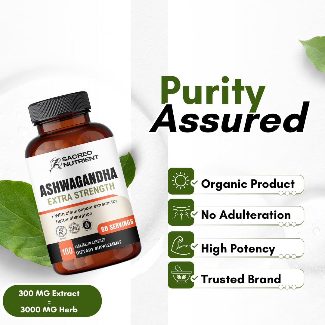 Sacred Nutrient Ashwagandha Organic Extra Strength Supplement with Black Pepper for Stress & Mood Support, Energy 300mg Extract (Equivalent 3000mg Herb), 100 Capsules