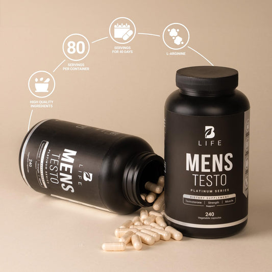 Testosterone Booster for Men | 240 Caps - 80 Days | Stamina, Endurance, Muscle Growth & Strength | Made in USA by B Life.