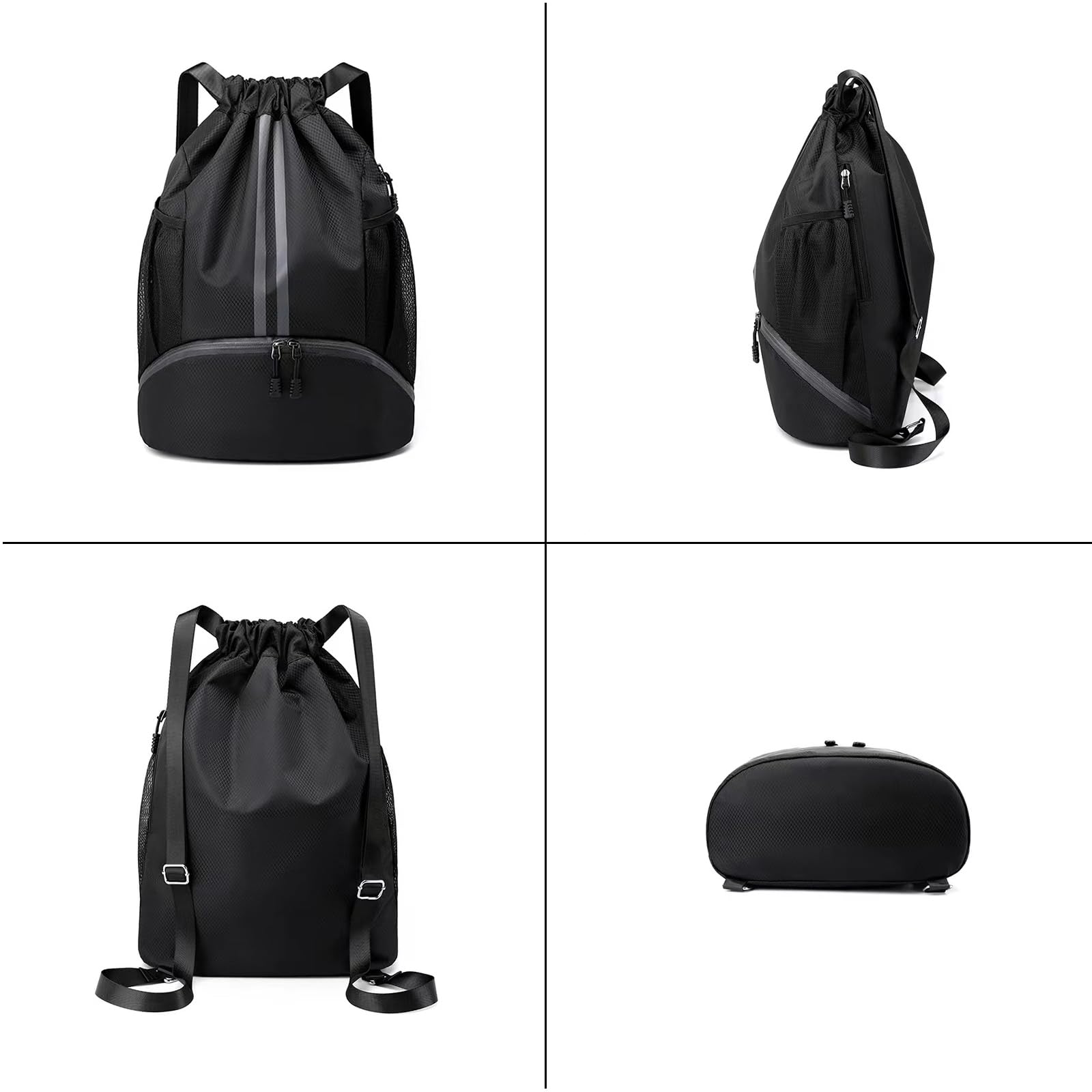 LOKAPEGY Black Drawstring Gym Bag for Men, Waterproof Drawstring Backpack for Women, Swim Bag with Shoes Compartment, Pull String Sport Bag for Soccer and Basketball.