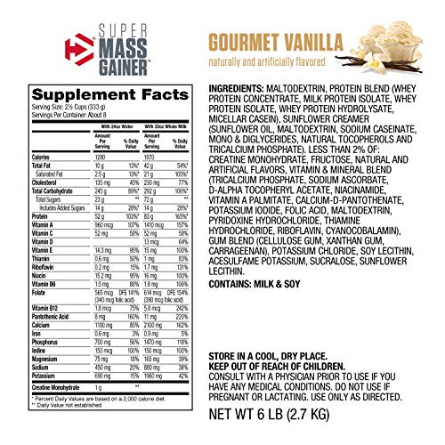 Dymatize Super Mass Gainer Protein Powder, 1280 Calories & 52g Protein, Gain Strength & Size Quickly, 10.7g BCAAs, Mixes Easily, Tastes Delicious, Gourmet Vanilla, 6 Pound (Pack of 1)
