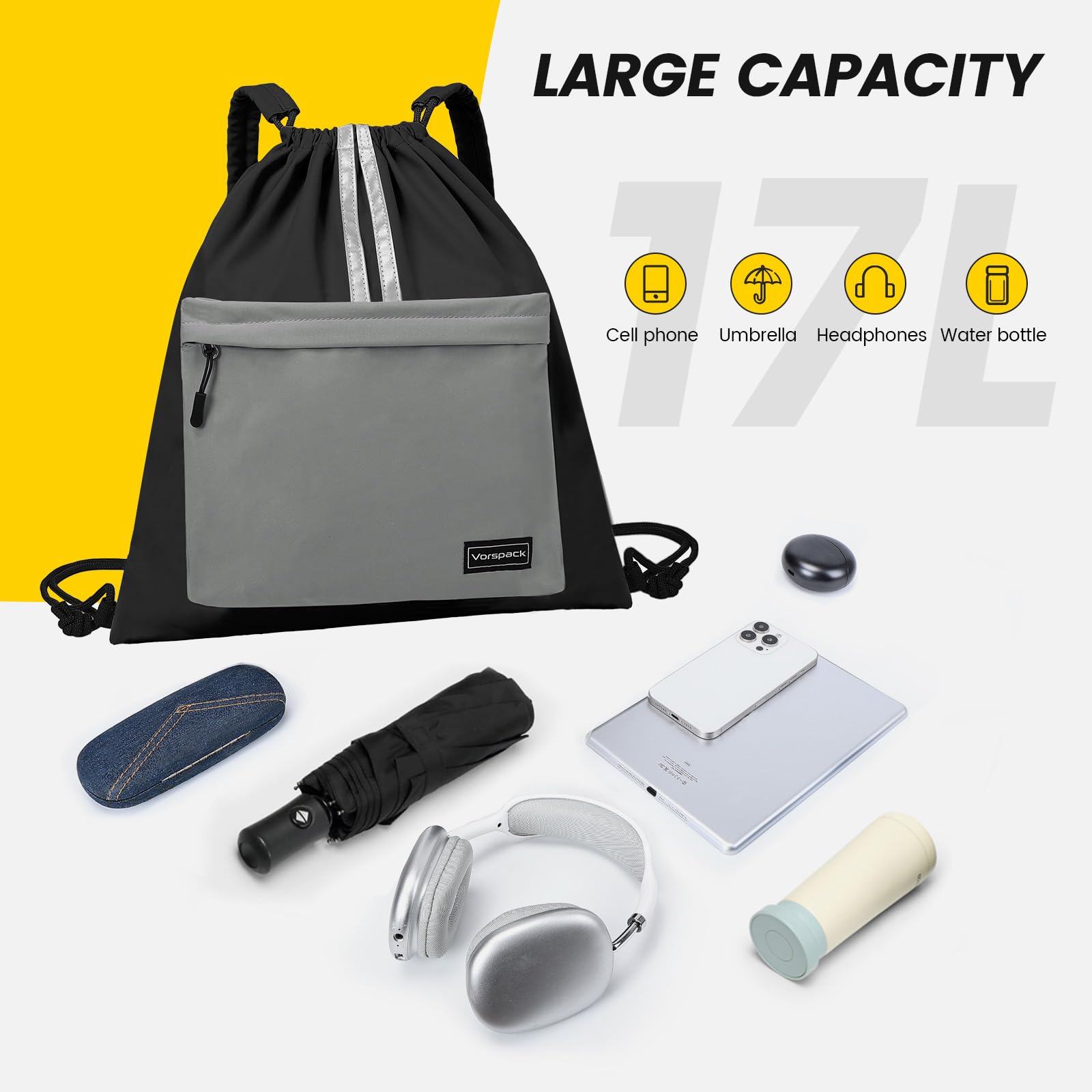 Vorspack Drawstring Backpack - Drawstring Bag with Front Pocket Lightweight String Backpack with Reflective Strips Cinch Bag Sackpack for Gym Sport Trip Hiking - Black