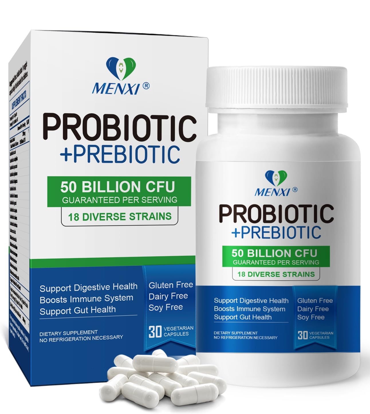 MENXI Probiotics 50 Billion CFU, 18 Strains + Prebiotics - Supports Digestive, Immune & Gut Health, Relief for Occasional Diarrhea, Gas & Bloating - Daily Probiotics Supplement for Women & Men - 30ct