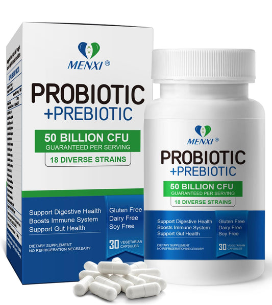 MENXI Probiotics 50 Billion CFU, 18 Strains + Prebiotics - Supports Digestive, Immune & Gut Health, Relief for Occasional Diarrhea, Gas & Bloating - Daily Probiotics Supplement for Women & Men - 30ct