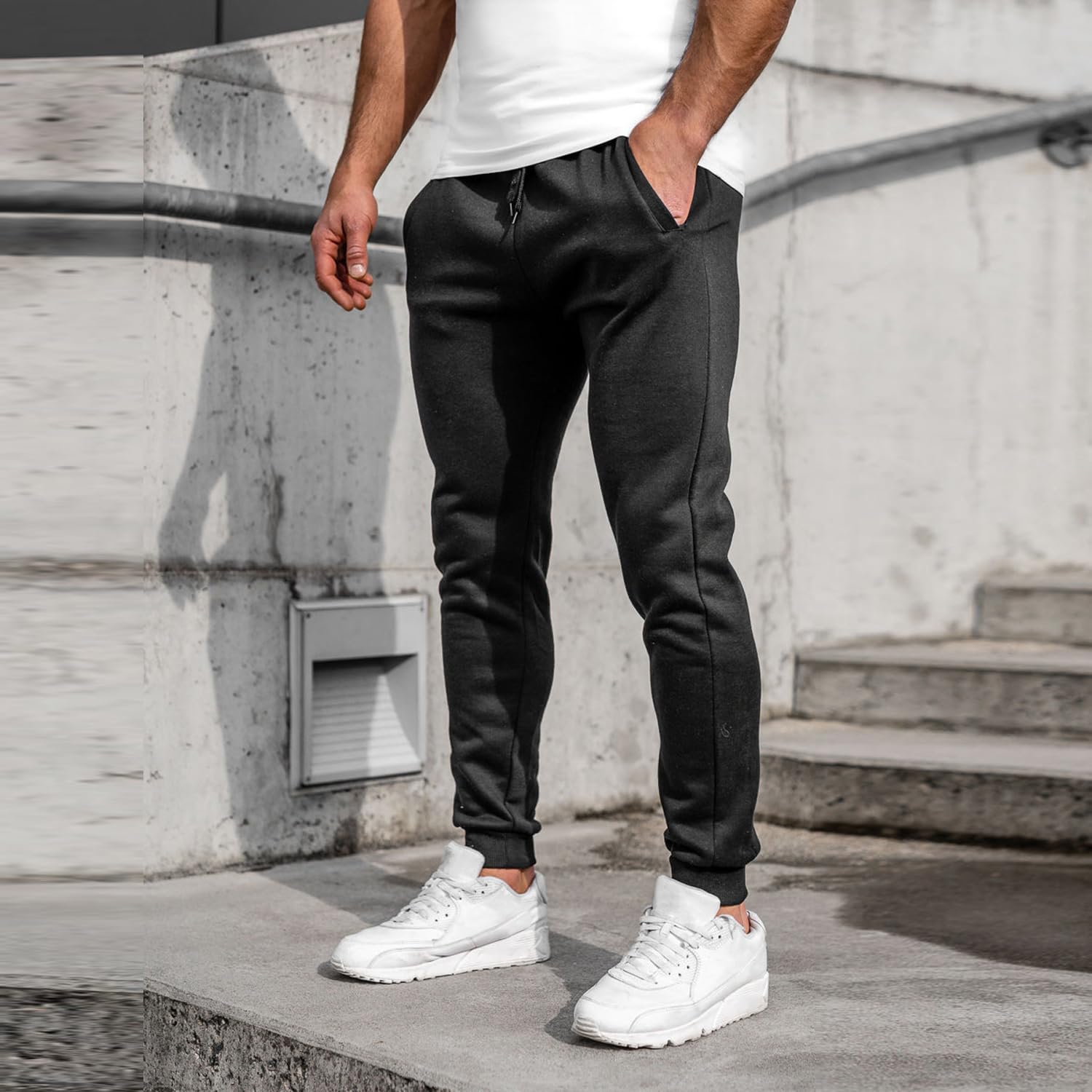 JIHUILAI Black Men's Sweatpants Fleece Active Workout Jogger Sweatpants for Men Running Gym with Pockets XL