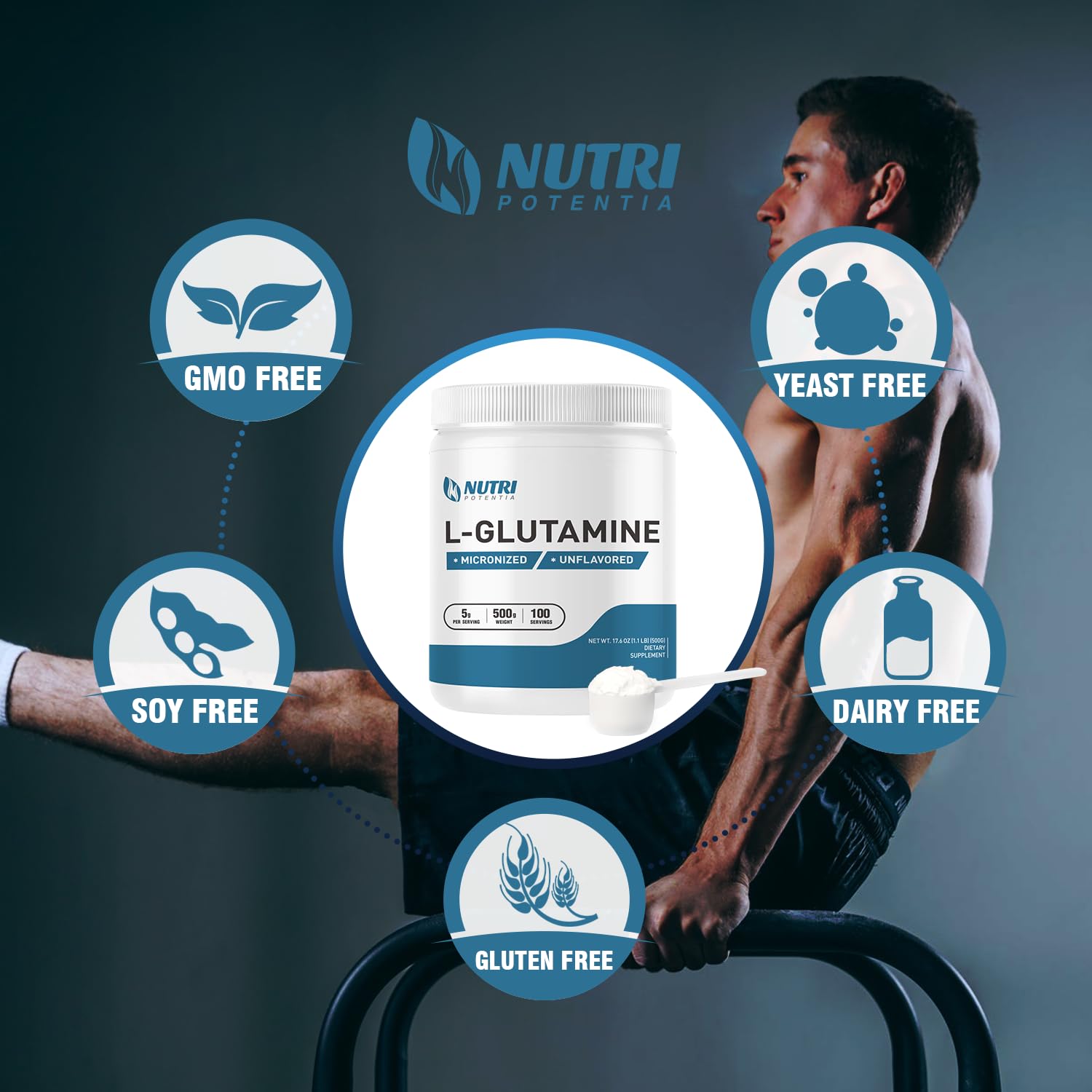 Pure L-Glutamine Powder - Support Gut Health and Digestive Support, Promotes Healthy Immune System & Post-Workout Recovery, Gluten Free (500 Grams - 1.1 Lbs)