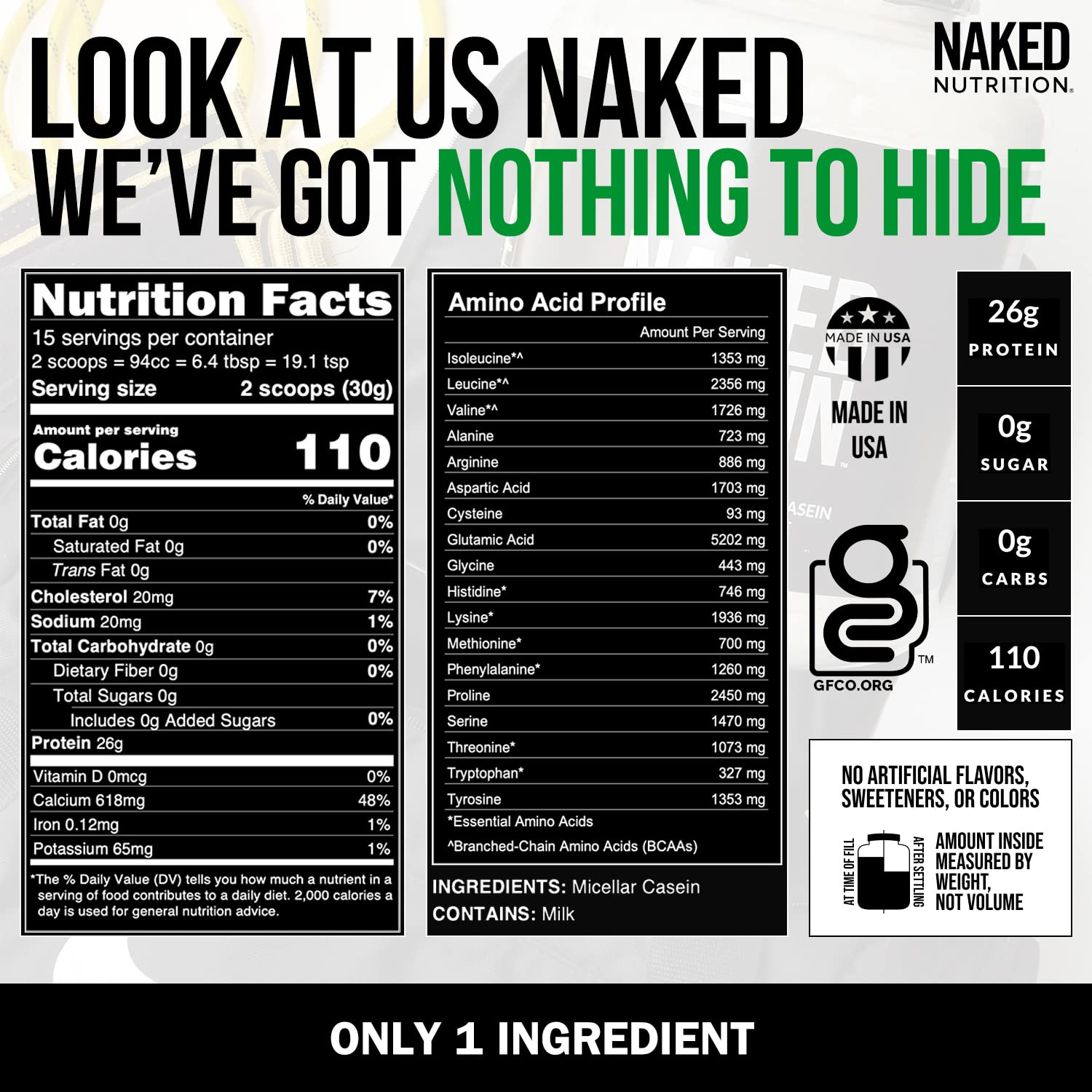 Naked Casein - 1Lb Micellar Casein Protein - Bulk, Gmo-Free, Gluten Free, Soy Free, Preservative Free - Stimulate Muscle Growth - Enhance Recovery - 15 Servings