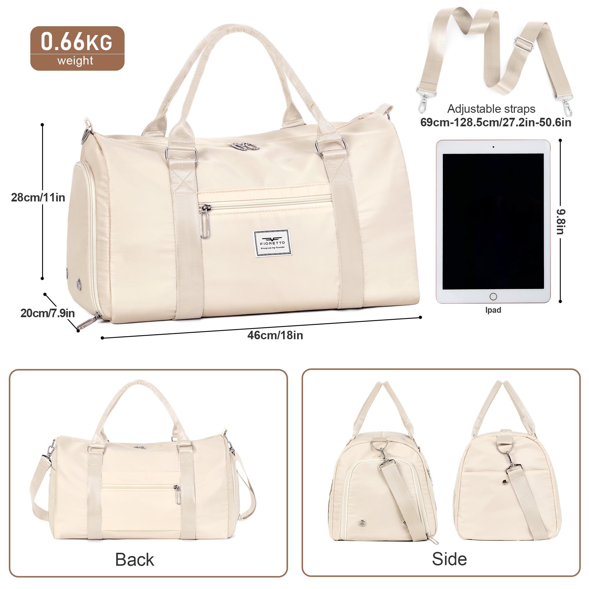 FIORETTO Womens Gym Tote Duffle Bag with Wet Pocket & Shoe Compartment, Sports Duffel Overnight Weekender Hospital Workout Carry on Bag for Girls, Ideal for Travel, Swimming, Dance, Ballet Beige