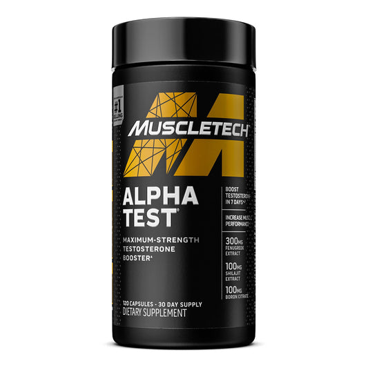 Potenciador de testosterona para hombres, MuscleTech AlphaTest, Tribulus Terrestris y suplemento de boro, ATP de máxima potencia y potenciador de pruebas, suplementos de entrenamiento diario para hombres, 120 pastillas (el paquete puede variar)