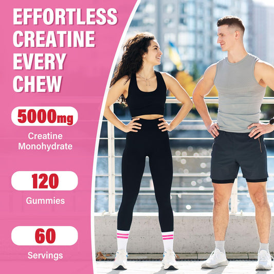 Creatine Monohydrate Gummies 5000mg for Men & Women, Gomitas de Creatina 5g Creatine Monohydrate, 0g Sugar Chewables Creatine Pre-Work Out for Muscle Strength, Vegan,120 Count (120 Count, Strawberry)