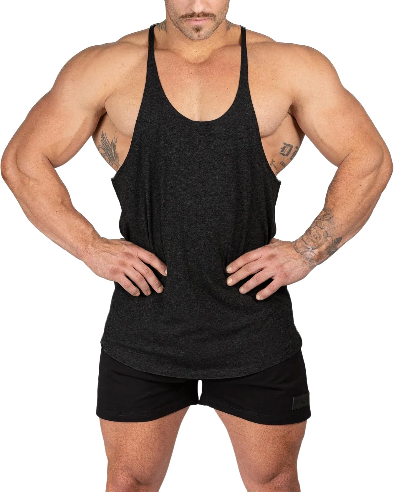Muhshoiy Mens Stringer Bodybuilding Tank Tops Low Cut Off Y Back Gym Workout Training Stretch Polyester Quick Drying Muscle Shirt/Black/2XL