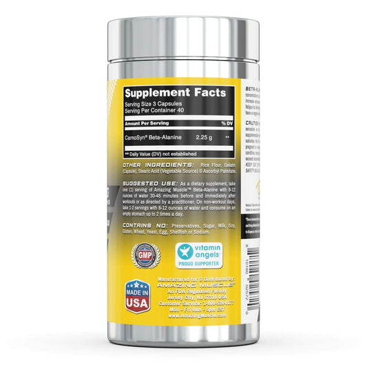 Amazing Muscle Beta Alanine Amino Acid | 2250mg Per Serving | Ideal Pre & Post Workout Supplement | Unflavored | 120 Capsules