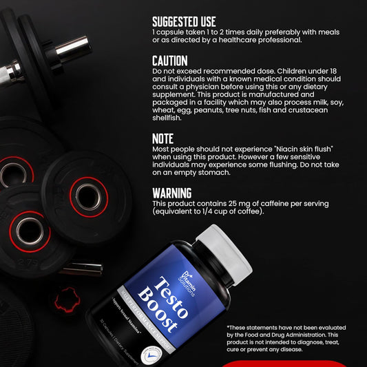 DR VITAMIN SOLUTIONS Testo Boost Supplement for Men - Stamina, Endurance & Energy Support - Male Testosterone Booster w/Fenugreek, Tribulus, Tongkat Ali, Horny Goat Weed - 30 Capsules