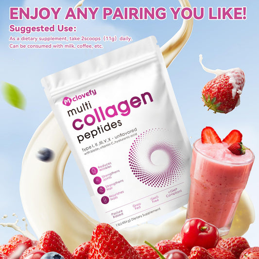 Mclovefy Multi Collagen Peptides Powder, 16 Oz (41 Servings) - Protein Supplement, Type I, II, III, V, X with Hyaluronic Acid, Vitamin C and Biotin, Unflavored, Easily Mixes in Drinks
