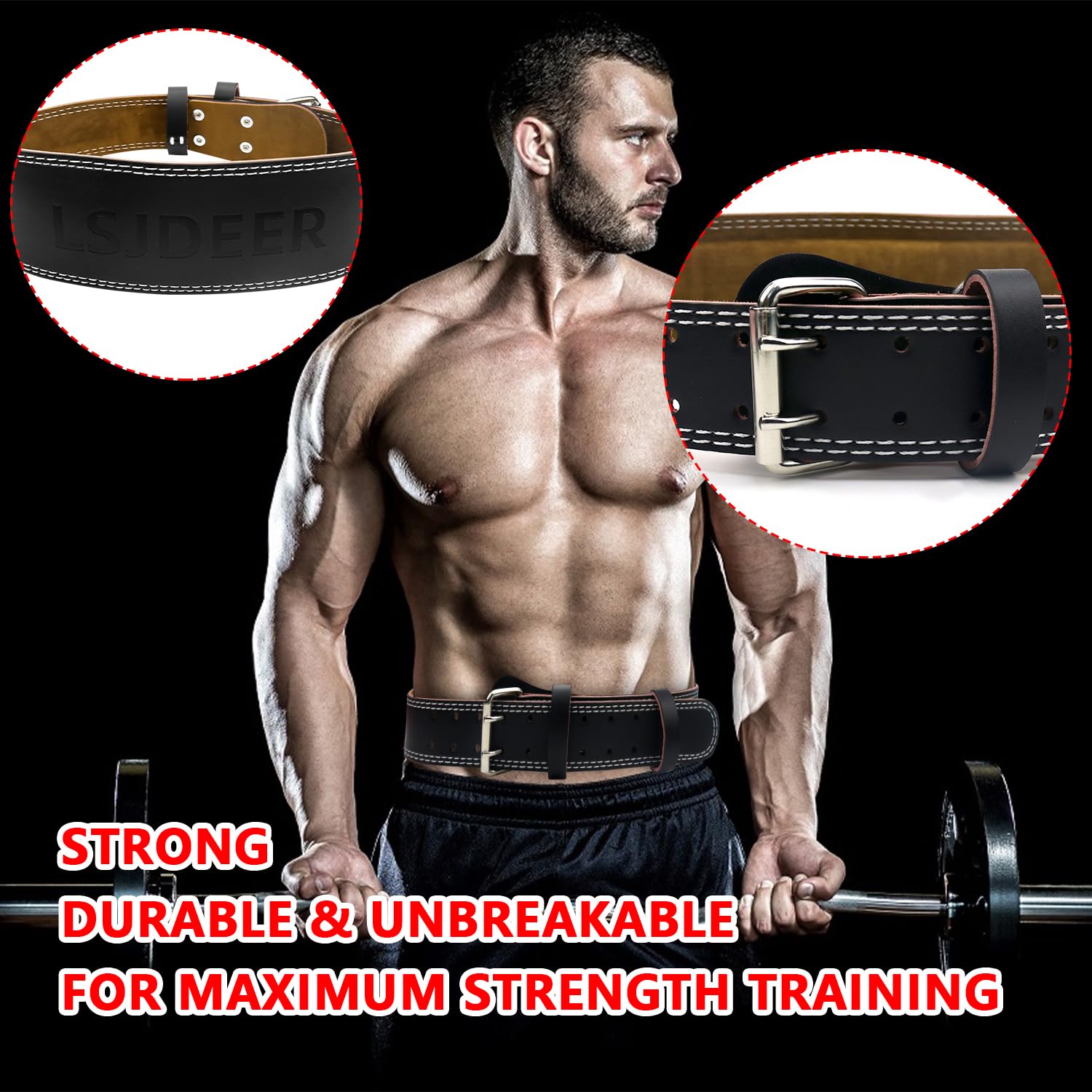 Leather Weight Lifting Belts for Men, Gym Belt for Weight Lifting, Lower Waist Back Support for Powerlifting Weightlifting Heavy Duty Workout Strength Training Bodybuilding Cross Training (M, Black)