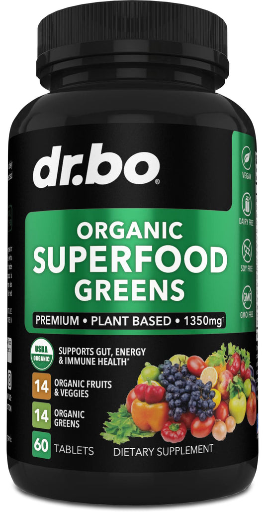 Organic Superfood Greens & Fruit Supplements - Energy Super Food Fruits and Veggies Supplement Tablets - Daily Green Veggie Powder Blend Plus Vegetable Foods Alfalfa, Spinach, Cabbage & Spirulina Tabs